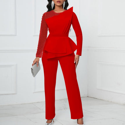 Elegant Beaded Mesh Long Sleeve Slim Fit Fall Party Jumpsuit 2023