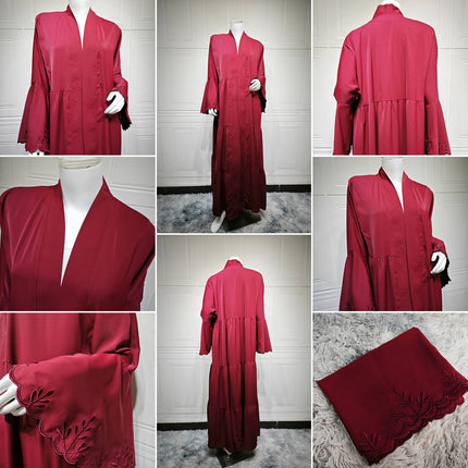 Summer Open Abaya Set with Hijab Embroidered Flare Sleeve Dubai