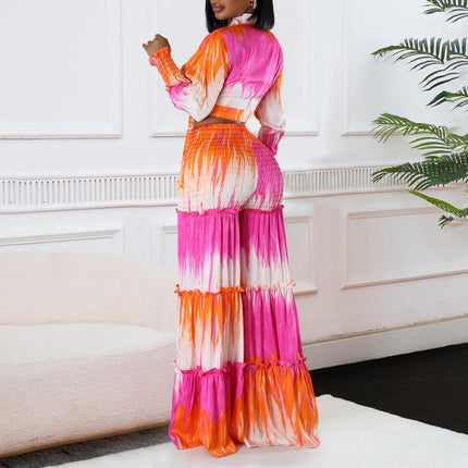 Trendy Printed Two Piece Set for Women Long Sleeve Top Wide Leg Pants
