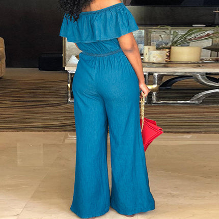 Plus Size Off Shoulder Denim Jumpsuit Ruffle One Piece Jeans for Women