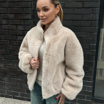 Women's Stand Collar Long Sleeve Short Faux Fur Winter Coat Jacket