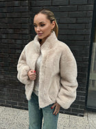 Women's Stand Collar Long Sleeve Short Faux Fur Winter Coat Jacket