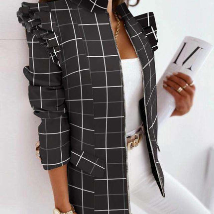 Women’s Printed Ruffle Zip Jacket Autumn Winter Long Sleeve Fashion Coat