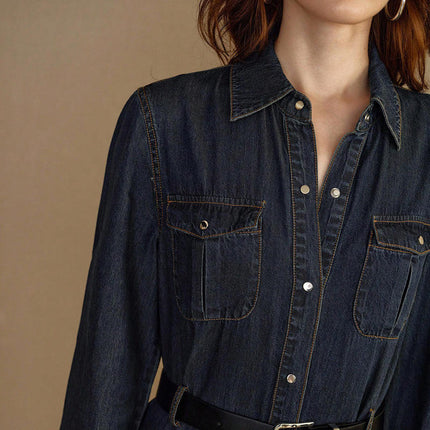 Women's Long Sleeve Denim Maxi Dress Slim Fit Button Front