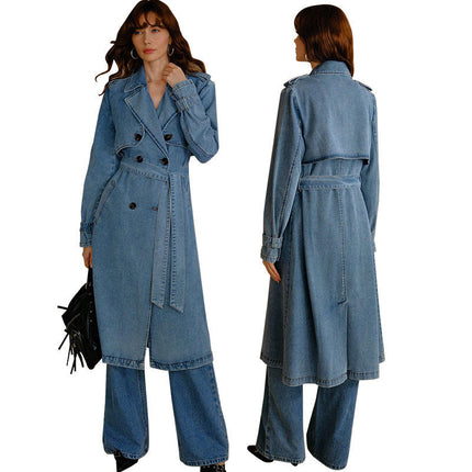 Women’s Double Breasted Denim Trench Coat with Belt V-Neck Long Jacket