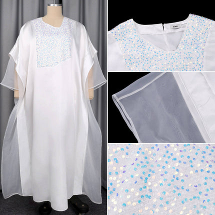 Luxury African Kaftan Party Dress for Women V Neck Sequined Dubai Boubou