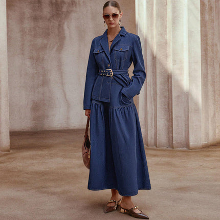 Women’s Denim Two Piece Set V Neck Jacket A Line Maxi Skirt with Belt