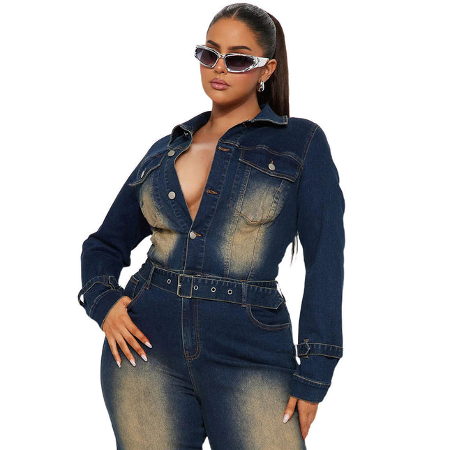 Women’s Autumn Denim Jumpsuit Long Sleeve Flared Pants With Belt