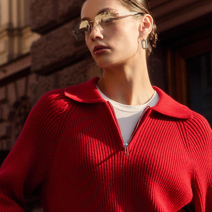 Women’s Oversized Polo Neck Zipper Knit Sweater Warm Autumn Winter