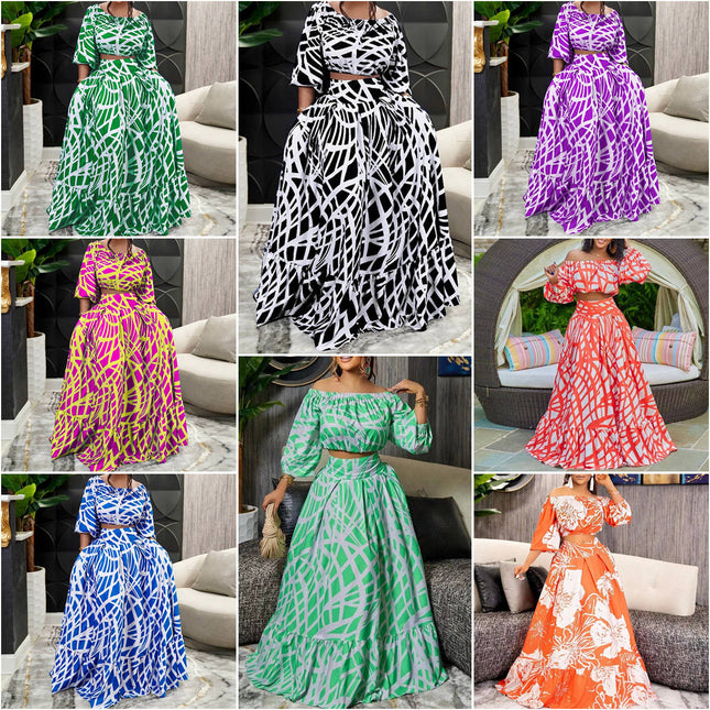 Women’s Printed Two Piece Set Short Top and Maxi Skirt Spring Outfit