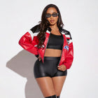 Women’s Colorblock Suede Motorcycle Jacket with Letter Graphic