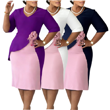 Trendy Women’s V-Neck Summer Dress Color Block 3D Flower Office Wear