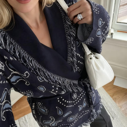 Women’s Winter Jacquard Lace-Up Lapel Tassel Cardigan Coat Jacket