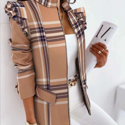 Women’s Printed Ruffle Zip Jacket Autumn Winter Long Sleeve Fashion Coat