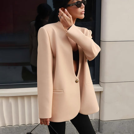 Women's V Neck Single Button Long Sleeve Winter Office Blazer Jacket