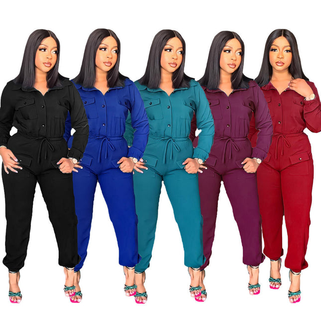 Women Solid Color Drawstring Waist One Piece Jumpsuit Slim Fit