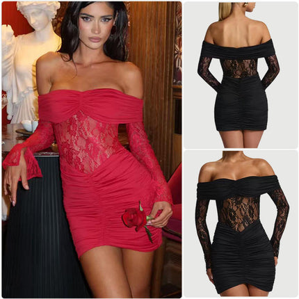 Women's Off Shoulder Lace Pleated Hip Wrap Summer Evening Party Dress