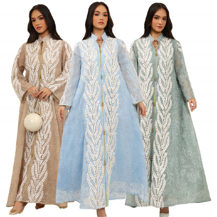 Embroidered Mesh Abaya Dress for Women Breathable Ramadan Jalabiya