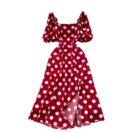 French Square Neck Summer Dress with Puff Sleeves and Slim Fit Slit