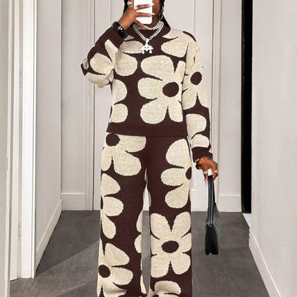 Winter Korean European American Flower Knit Long Sleeve Top Loose Casual