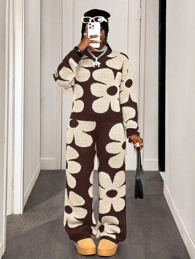 Winter Korean European American Flower Knit Long Sleeve Top Loose Casual