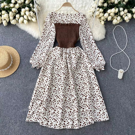 High Waist Floral Long Sleeve Dress for Women Elegant Autumn Style