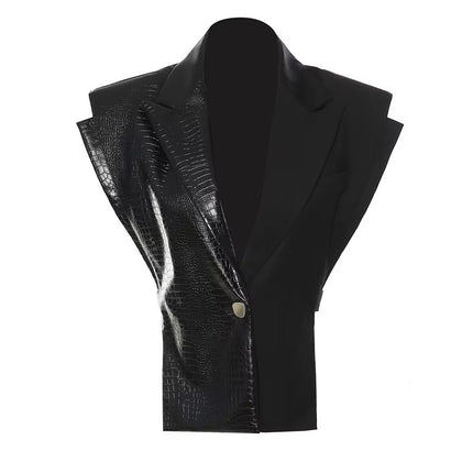 Women’s V Neck Sleeveless Leather Waistcoat Casual Spliced Hollow Vest