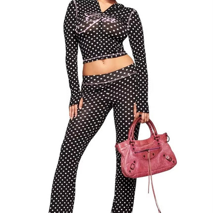 2025 Women’s Dot Print Two-Piece Long Sleeve Open Collar Casual Outfit
