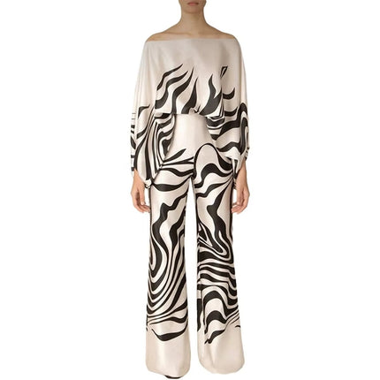 Elegant Women’s Printed One-Piece Collar Suit Long Sleeve Casual Set