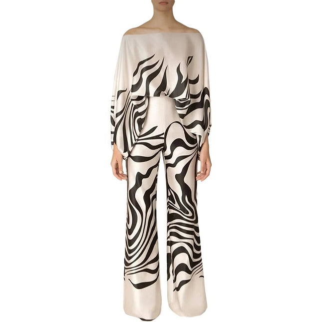 Elegant Women’s Printed One-Piece Collar Suit Long Sleeve Casual Set