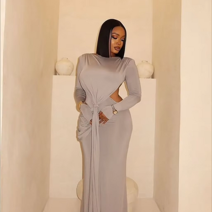 Elegant European American Women's Long Sleeve Slim Backless Floor-Length Dress