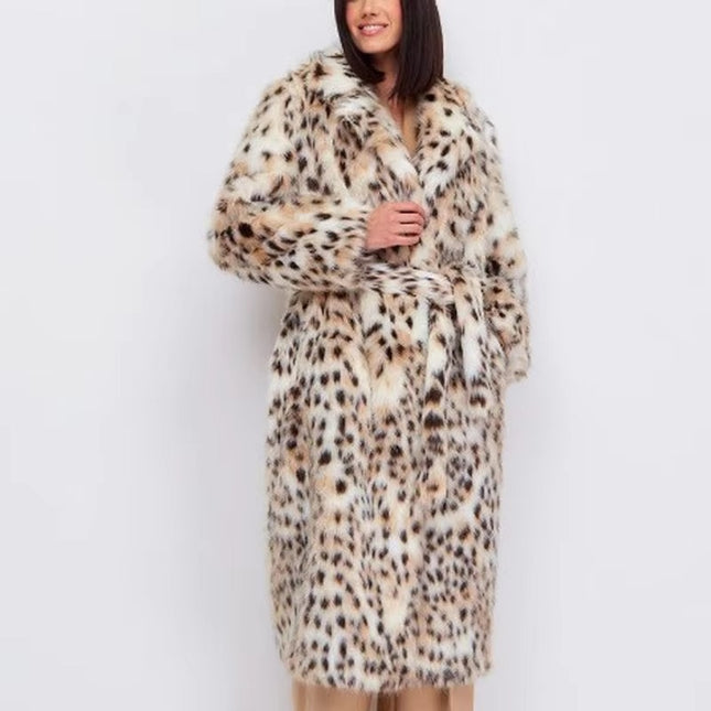 Luxury Long Leopard Mink Faux Fur Coat for Women Plus Size Winter Warm