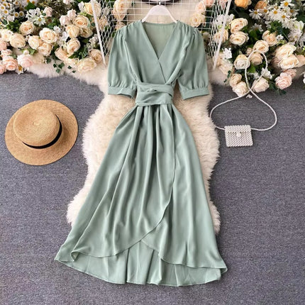 Summer Solid Color V Neck High Waist Puff Sleeve Ruffle Dress