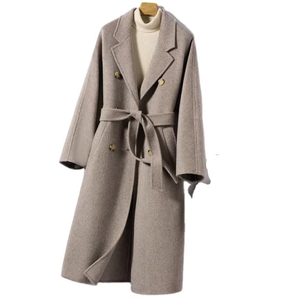 Women’s Double Breasted Wool Cashmere Long Winter Coat Korean Style
