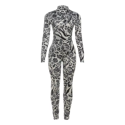 Leopard Print Women’s Long Sleeve Jumpsuit | Autumn High Neck Playsuit