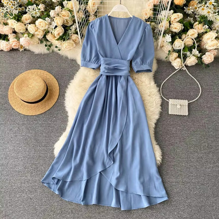 Summer Solid Color V Neck High Waist Puff Sleeve Ruffle Dress