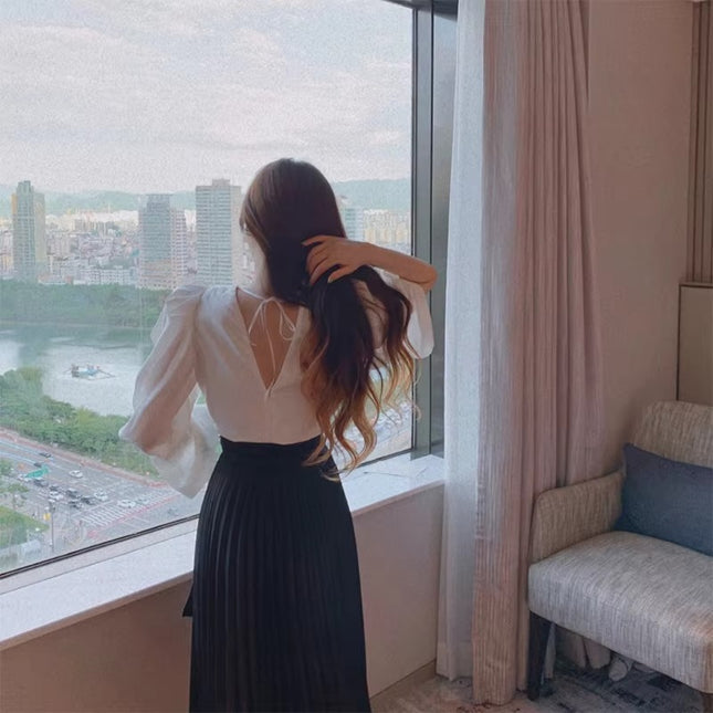 Elegant V-Neck Pleated Two-Piece Long Dress for Women, Korean Style