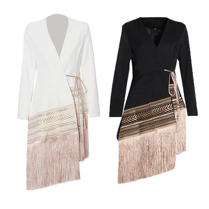 Embroidered Asymmetrical Tassel Blazer Coat for Women Long Sleeve
