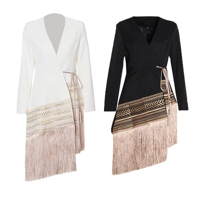 Embroidered Asymmetrical Tassel Blazer Coat for Women Long Sleeve