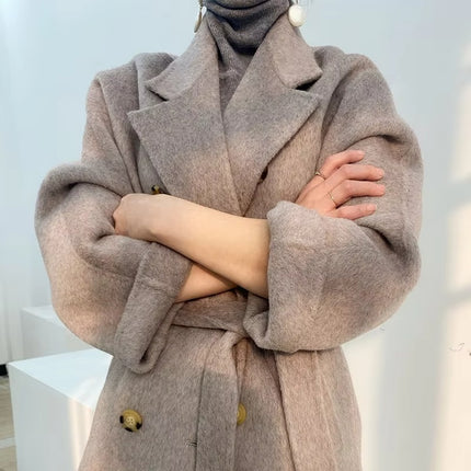 Women’s Double Breasted Wool Cashmere Long Winter Coat Korean Style