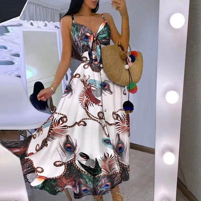 Summer Floral V Neck Sling Dress with Bow Waist Casual Elegant