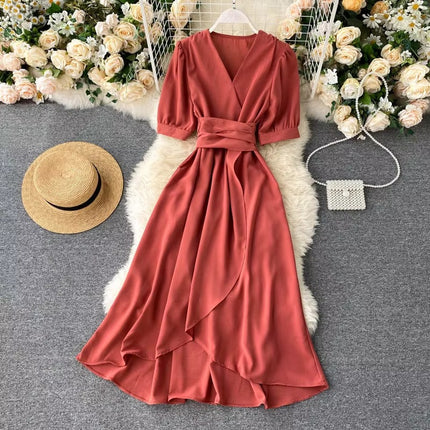 Summer Solid Color V Neck High Waist Puff Sleeve Ruffle Dress