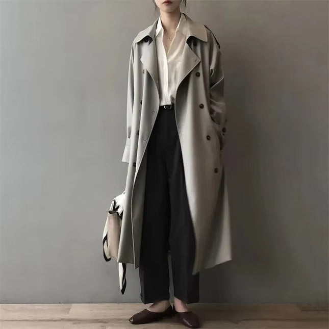 Khaki Long Trench Coat for Women Oversized Belted Double Breasted