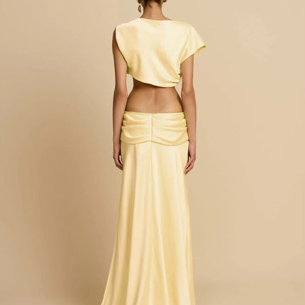Chic Satin Crop Top & Pleated Maxi Skirt Set – Elegant 2 Piece