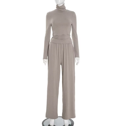 Women’s Autumn Winter Two Piece Set High Neck Top & Straight Pants