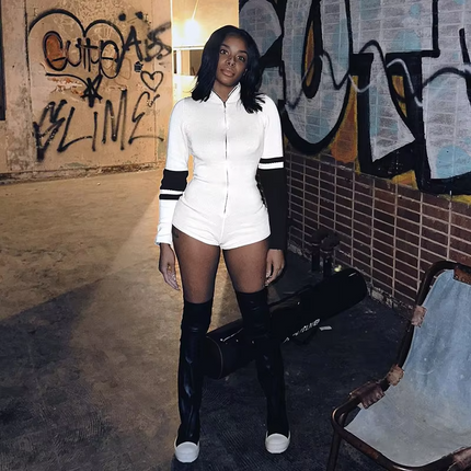 Women’s Zip-Up High Neck Knit Jumpsuit Bodycon Motorcycle Style