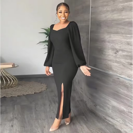 Elegant Solid Color Long Sleeve Backless Slit Maxi Dress for Women