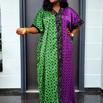 Traditional African Kaftan Dress for Women Satin Beaded Loose Plus Size