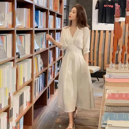 Elegant White A-Line V-Neck Maxi Dress for Women Summer Style