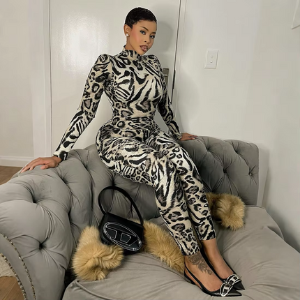 Leopard Print Women’s Long Sleeve Jumpsuit | Autumn High Neck Playsuit